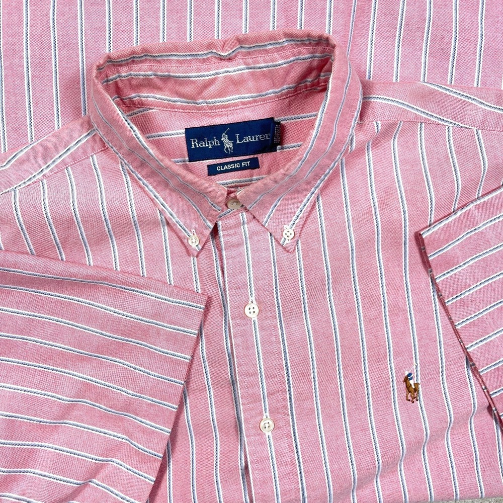 Ralph Lauren Oxford Shirt Men XL Pink Blue Striped Button Up Flesh Camp OCBD *